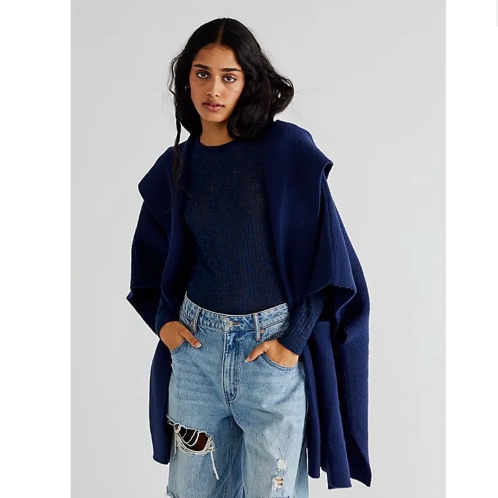 Free People All I Need Cozy Hooded Kimono Knit Poncho Sweater in Navy Blue